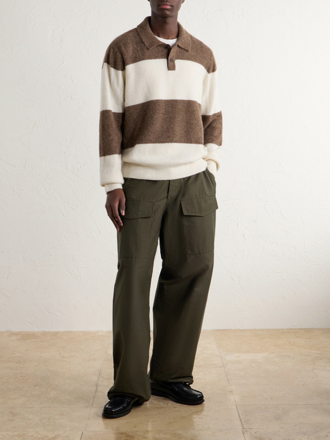 Corridor - Striped Woven Brushed Alpaca-Blend Polo Sweater - Brown