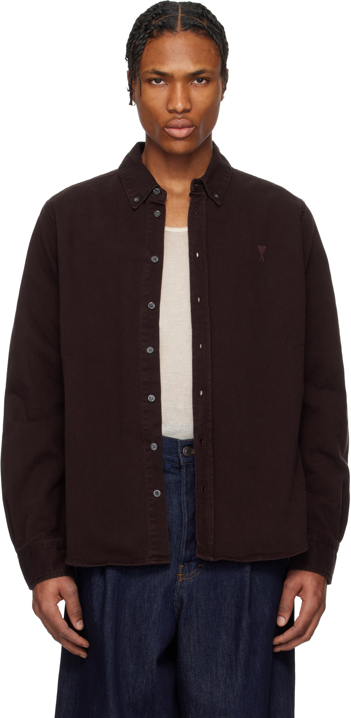 ◆ami9622◆ AMI Paris Burgundy Cotton Button-Down Ami de Coeur Shirt AMI