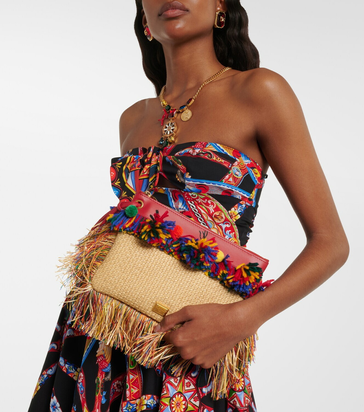 Dolce&Gabbana Fringed woven leather-trimmed pouch