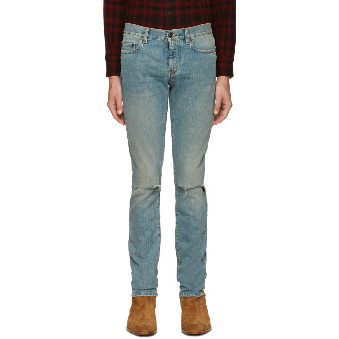 Photo: Saint Laurent Blue Original Low Waisted Ripped Skinny Jeans