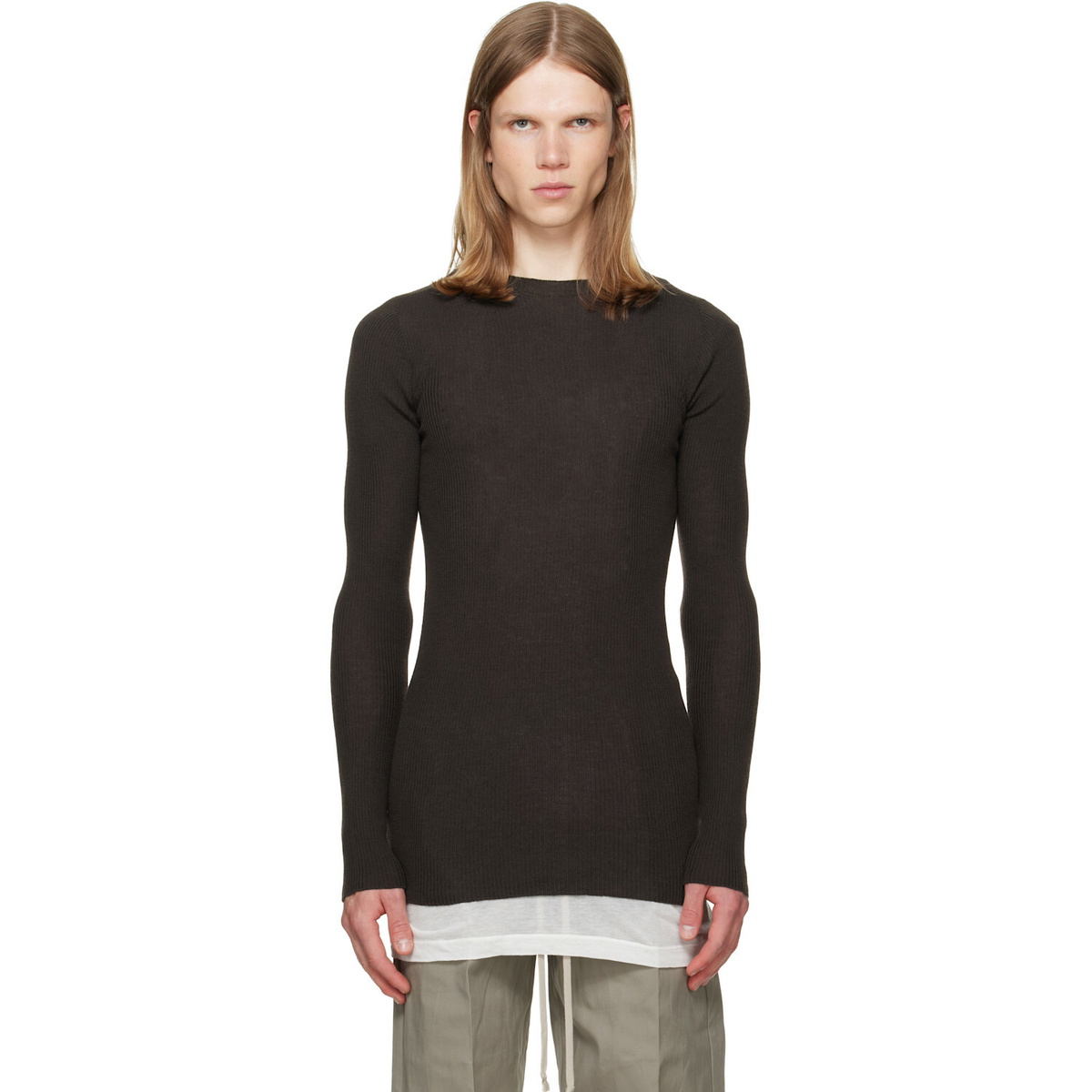 Rick Owens Brown Tower Ribbed Round Neck Sweater