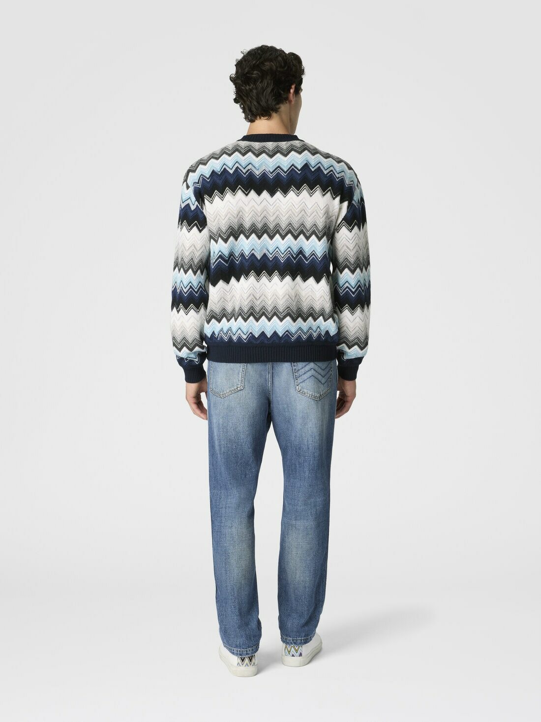 Missoni - Crew neck sweater with flame zigzag pattern, Men, Black & Blue