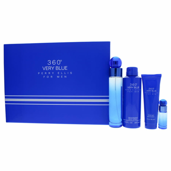 Photo: 360 Very Blue by Perry Ellis for Men - 4 Pc Gift Set 3.4oz EDT Spray, 7.5ml EDT Spray, 6.8oz Body Spray, 3oz Shower Gel