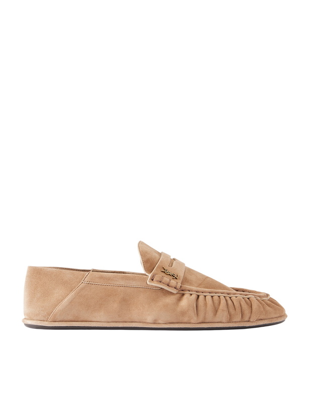 Photo: SAINT LAURENT - Le Loafer Monogram Logo-Appliquéd Suede Penny Loafers - Neutrals
