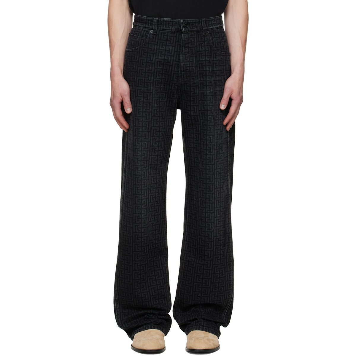 BALMAIN Black Monogram Loose Jeans