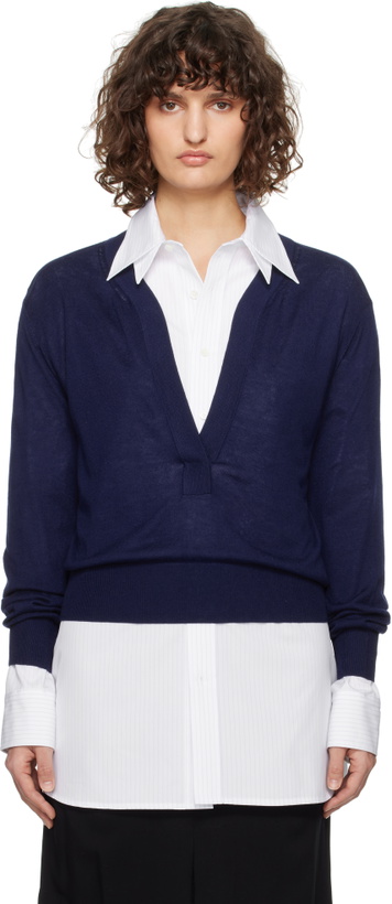 Photo: RECTO Blue Deep Henley Neck Sheer Knit Sweater