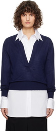 RECTO Blue Deep Henley Neck Sheer Knit Sweater