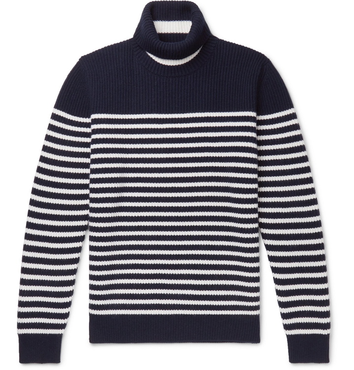 Photo: Mr P. - Striped Virgin Wool Rollneck Sweater - Blue