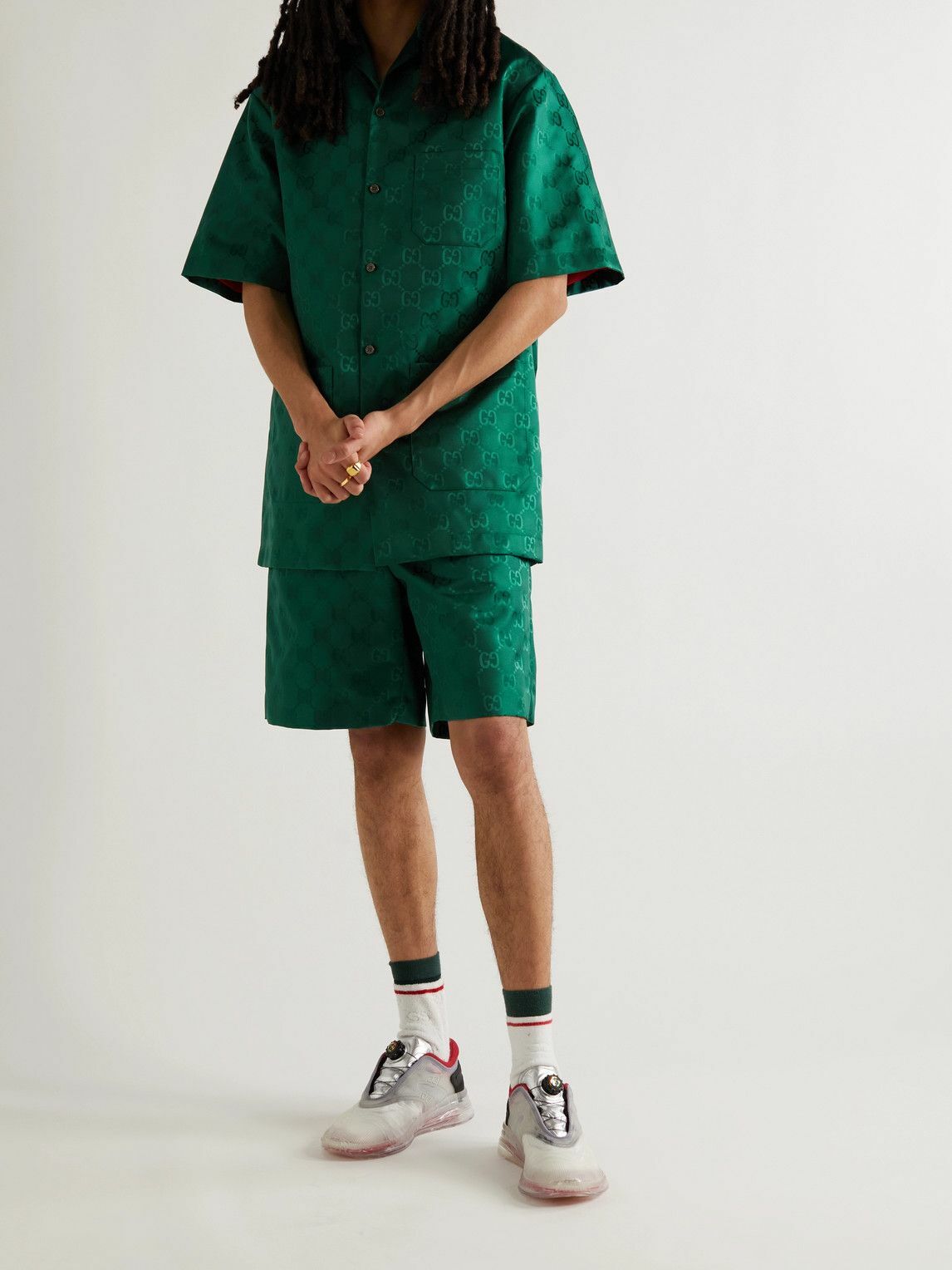 GUCCI - Wide-Leg Logo-Jacquard Nylon Drawstring Shorts - Green Gucci