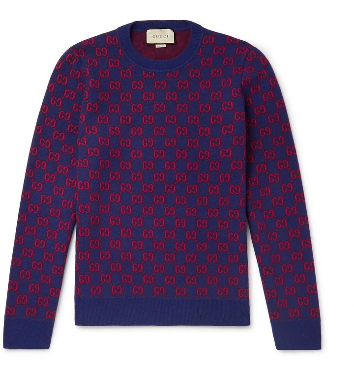 Photo: Gucci - Logo-Jacquard Wool and Cashmere-Blend Sweater - Blue