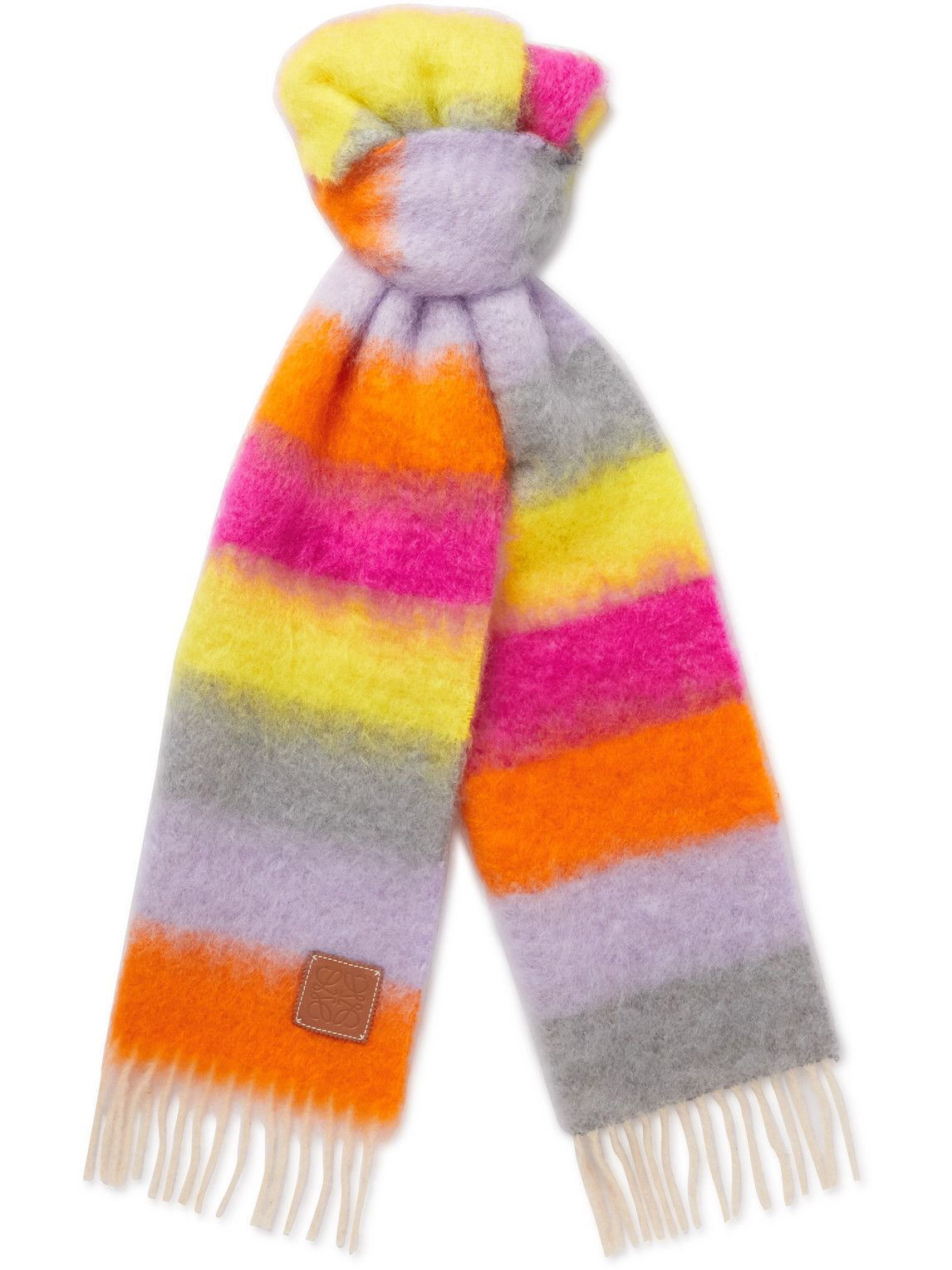 Loewe - Logo-Appliquéd Fringed Striped Mohair and Wool-Blend Scarf