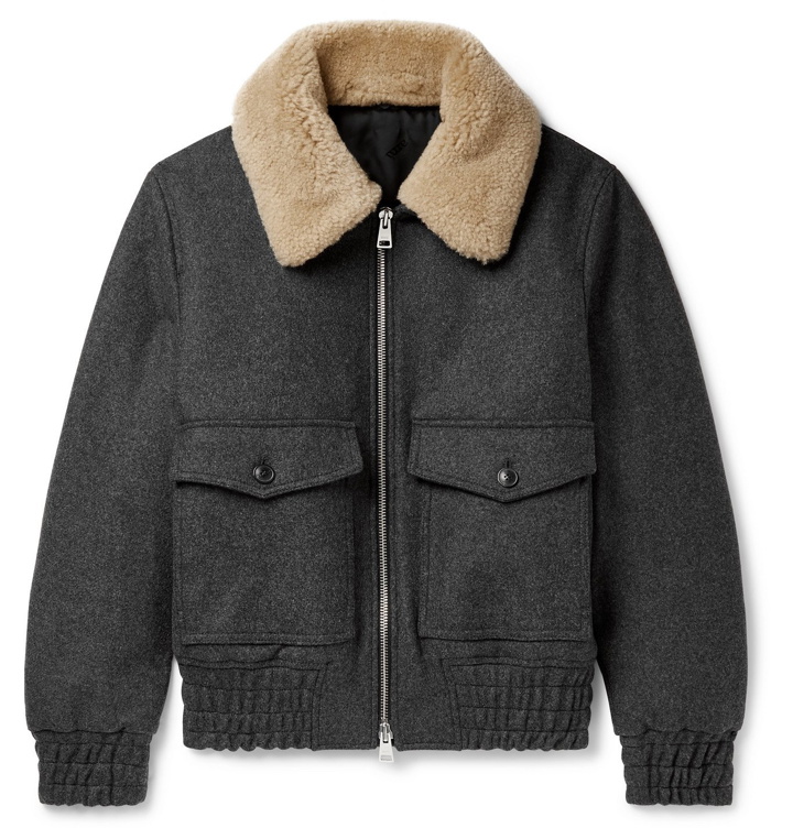 Photo: AMI PARIS - Slim-Fit Shearling-Trimmed Wool-Blend Bomber Jacket - Gray