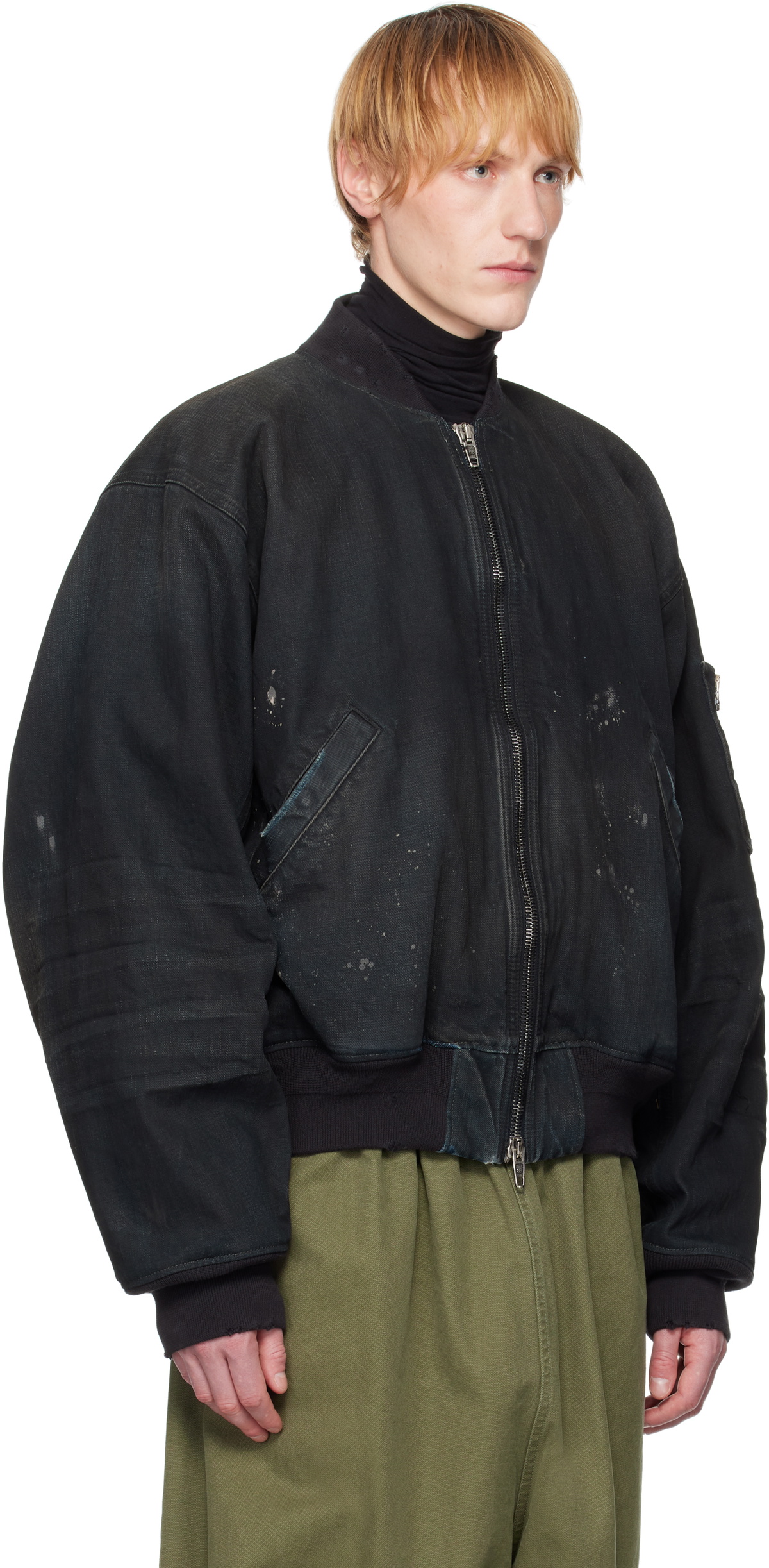 Balenciaga Navy Distressed Denim Bomber Jacket Balenciaga