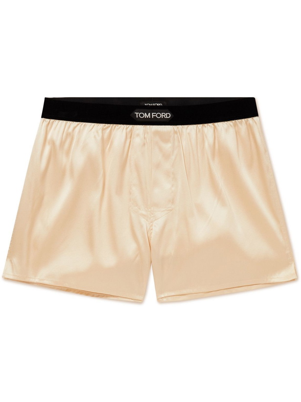 Photo: TOM FORD - Velvet-Trimmed Stretch-Silk Satin Boxer Briefs - Neutrals