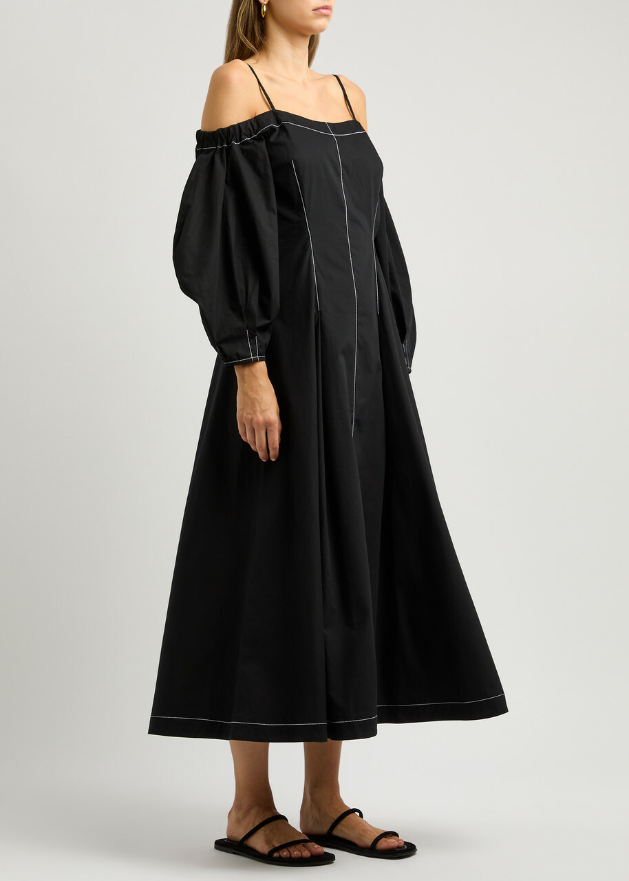 Rejina Pyo Leila Contrast-stitch Cotton-poplin Midi Dress Black