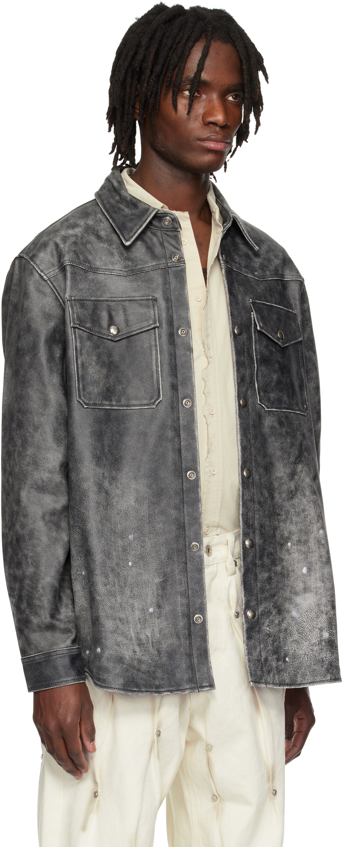 KUSIKOHC Black Printed Leather Shirt Jacket