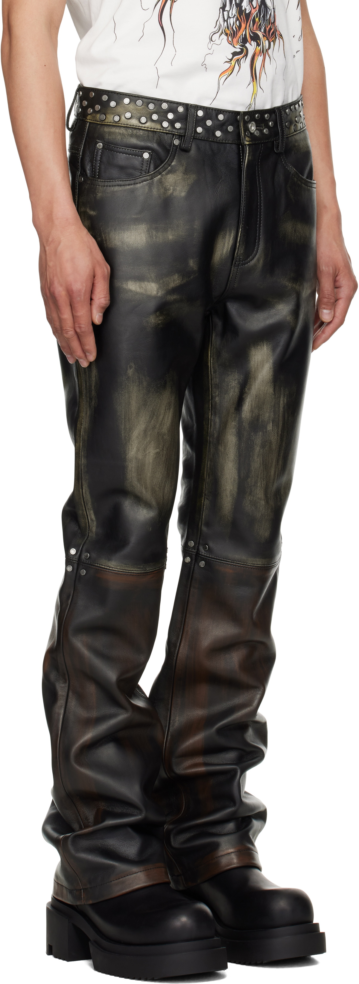 Who Decides War Black Ombre Studded Leather Pants