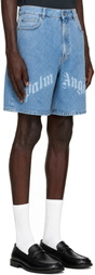 Palm Angels Blue Splitted Curved Logo Shorts