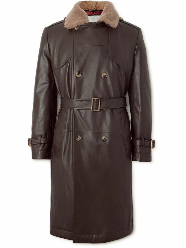 Photo: Brunello Cucinelli - Double-Breasted Shearling-Trimmed Leather Trench Coat - Brown