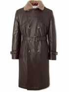 Brunello Cucinelli - Double-Breasted Shearling-Trimmed Leather Trench Coat - Brown