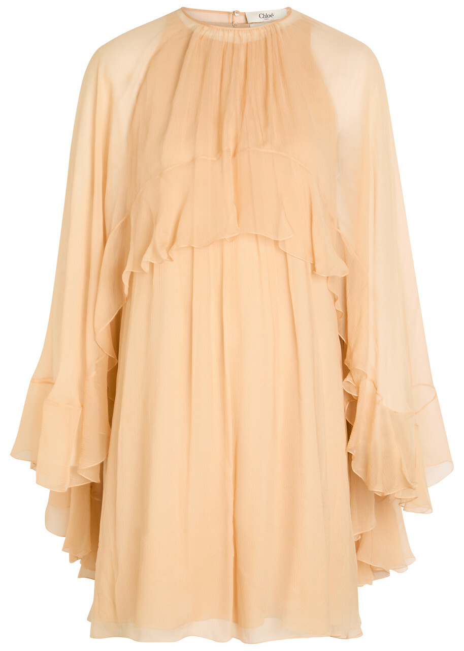 Chloe Ruffled Cape-effect Silk Mini Dress Beige