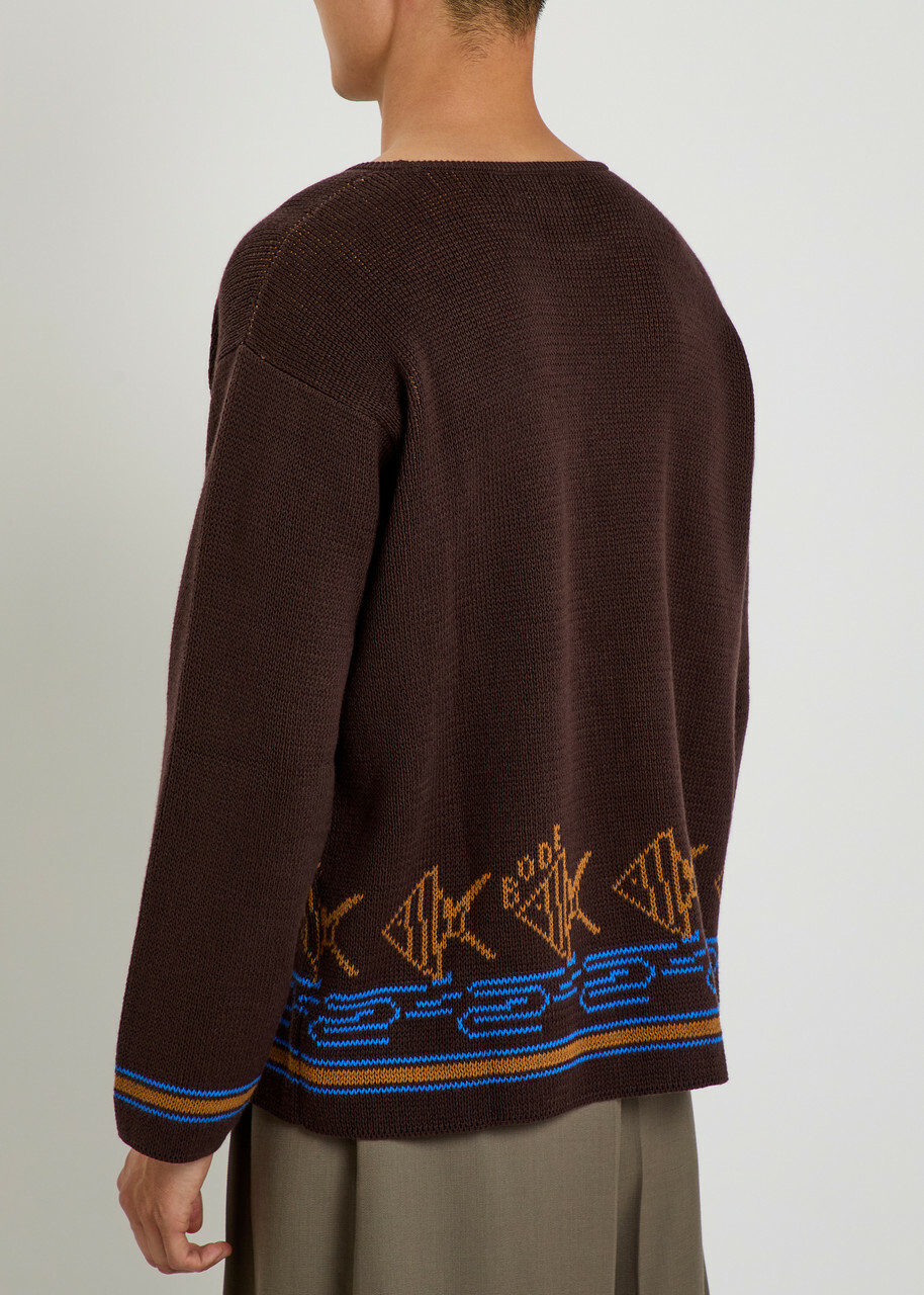 Bode Fish School Intarsia Cotton Jumper Brown