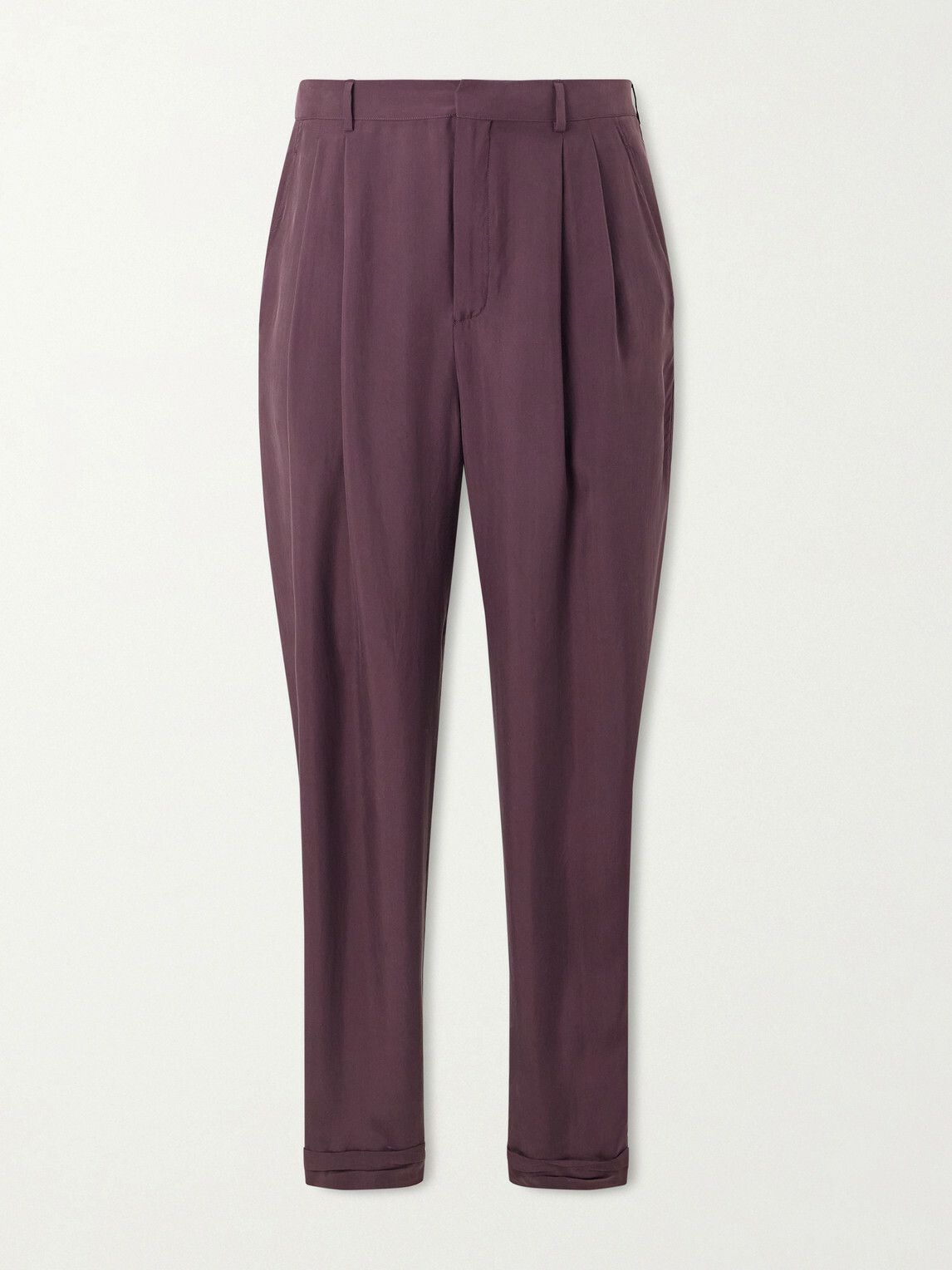 SAINT LAURENT - Tapered Belted Pleated Silk Trousers - Purple