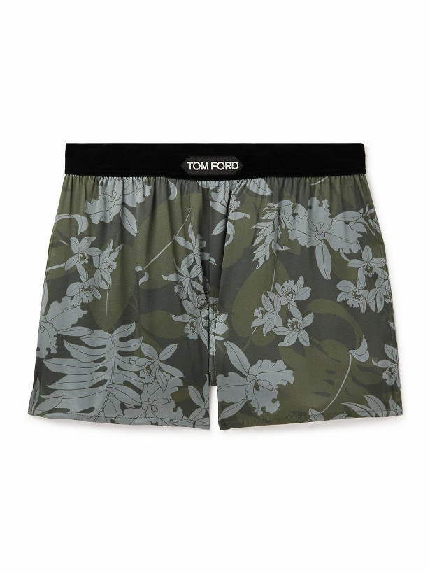 Photo: TOM FORD - Floral-Print Velvet-Trimmed Silk-Satin Boxer Shorts - Green