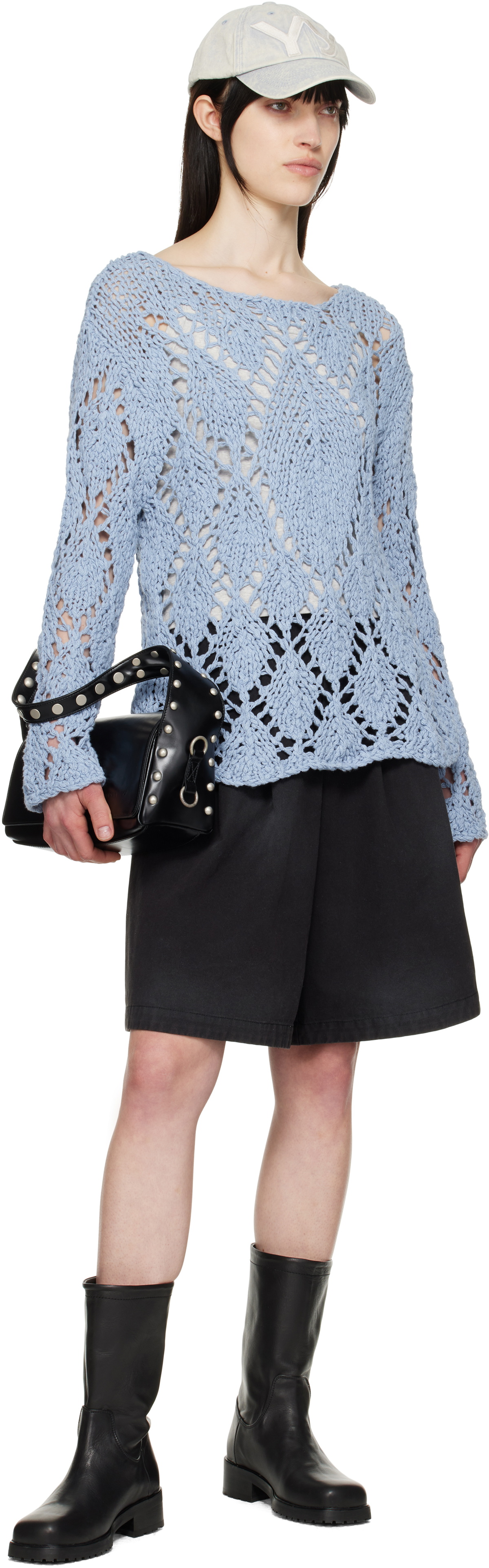 OPEN YY Blue Cotton Argyle Pointelle Pullover Sweater OPEN YY