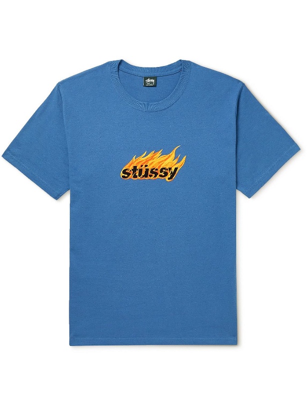 Photo: Stussy - Flames Logo-Print Cotton-Jersey T-shirt - Blue