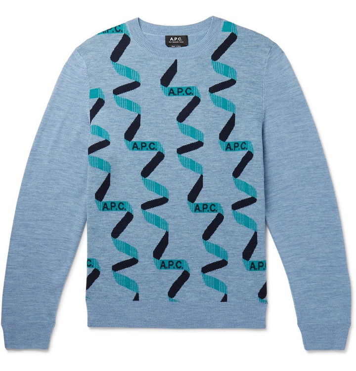 Photo: A.P.C. - Logo-Intarsia Mélange Merino Wool Sweater - Men - Blue