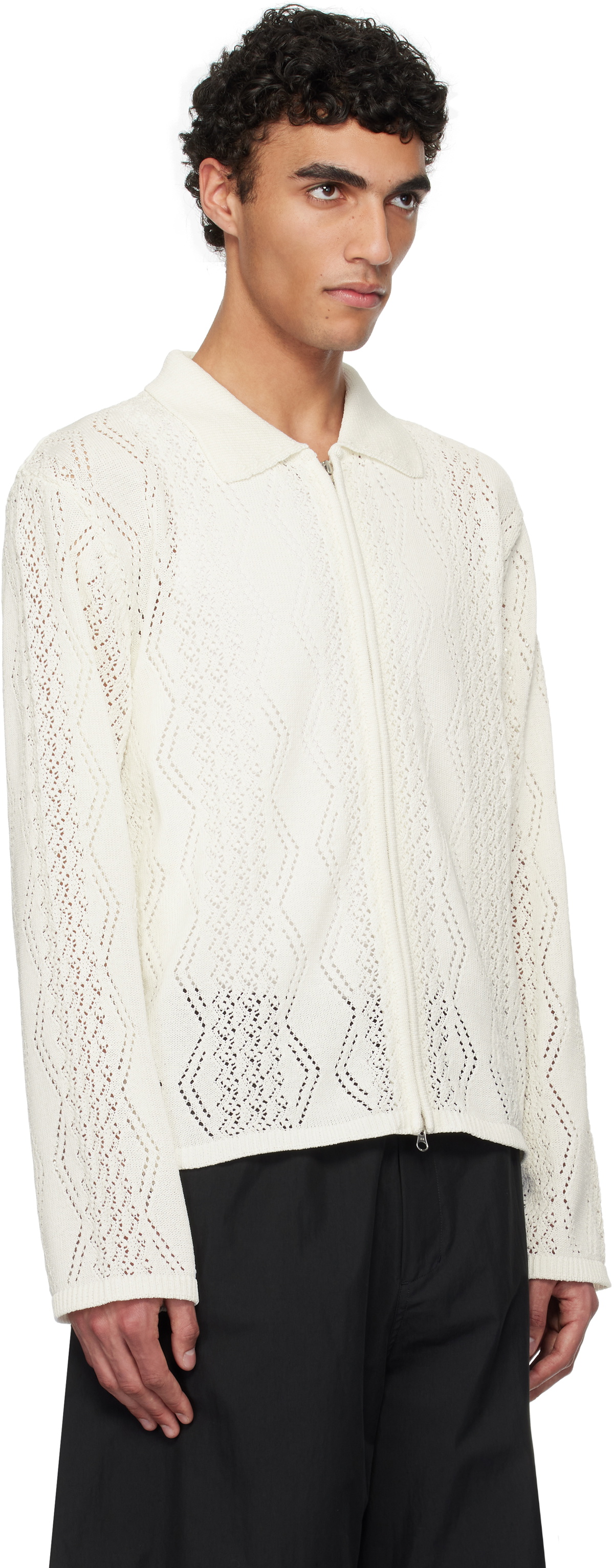 AMOMENTO White Crochet Zip-Up Cardigan