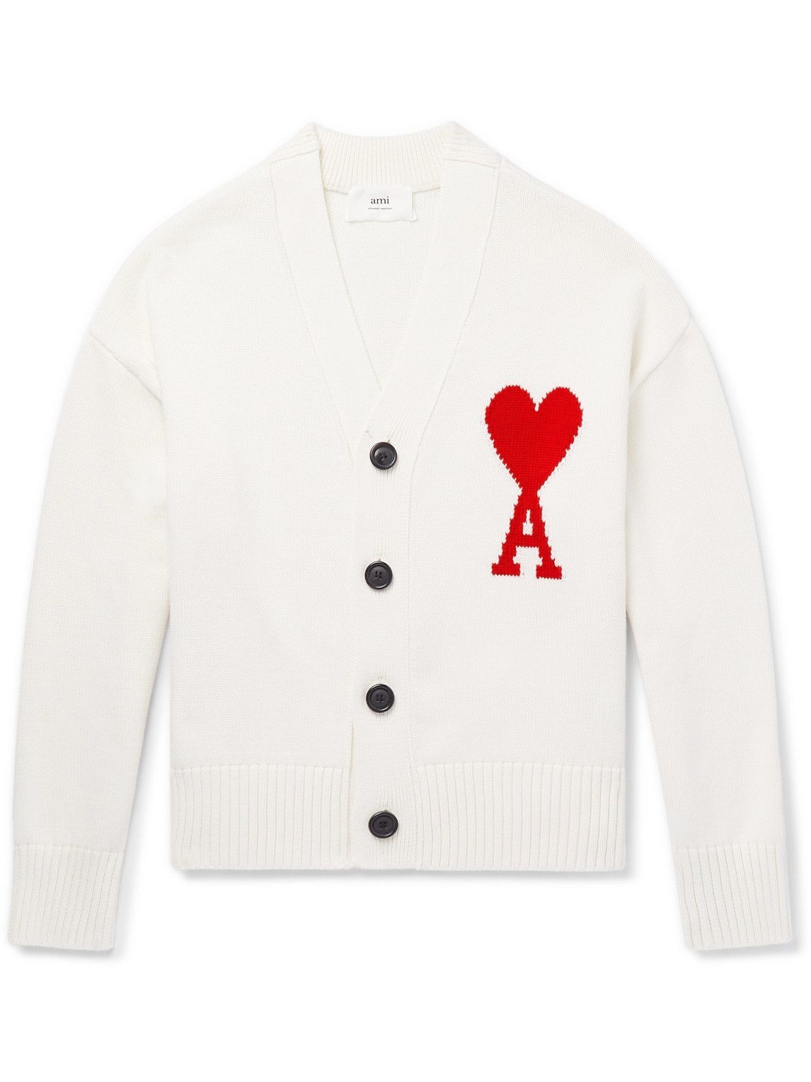 AMI PARIS - Logo-Intarsia Organic Cotton and Wool-Blend Cardigan - White