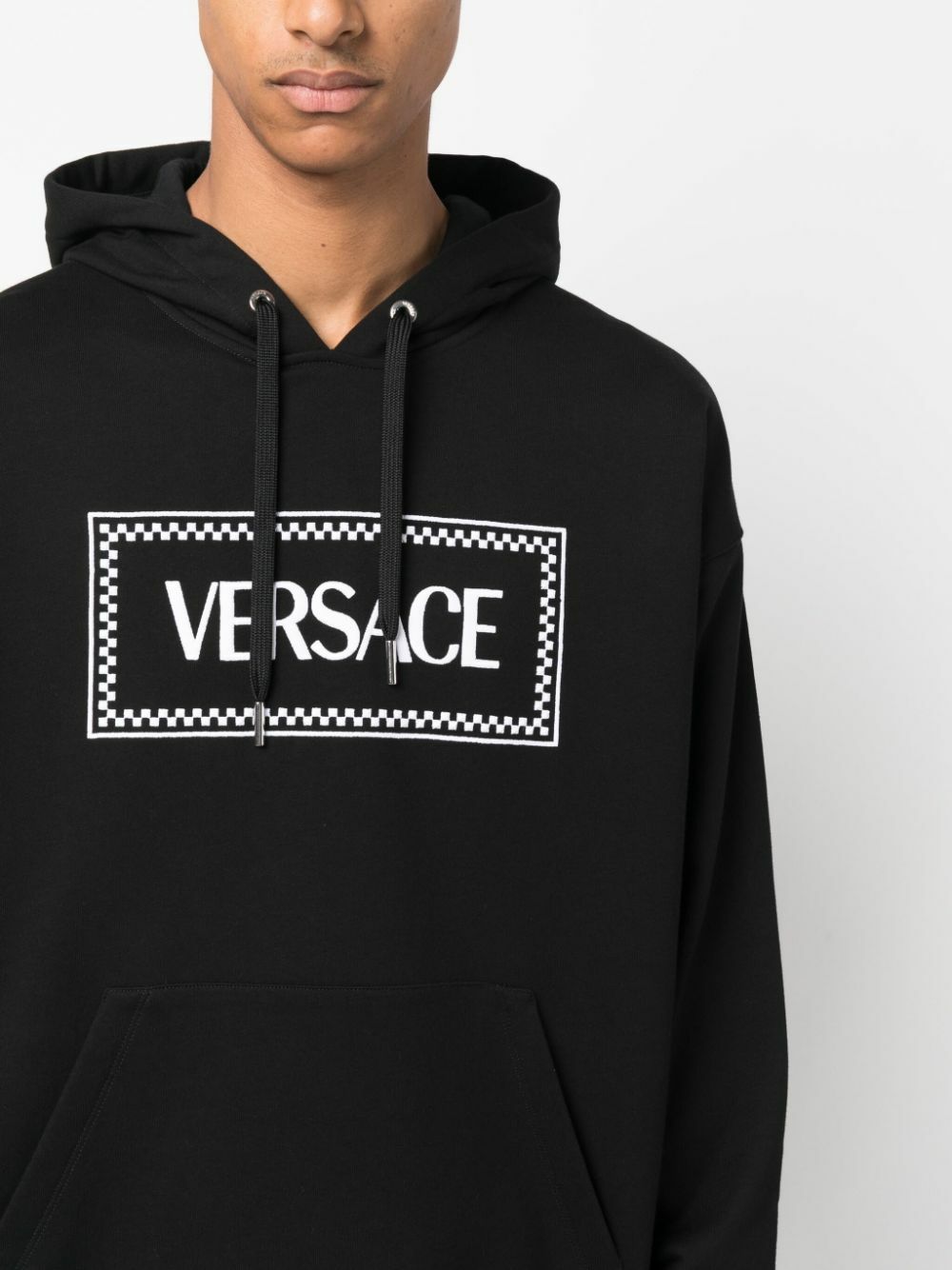 Versace Black Logo-Embroidered Cotton Hoodie Versace