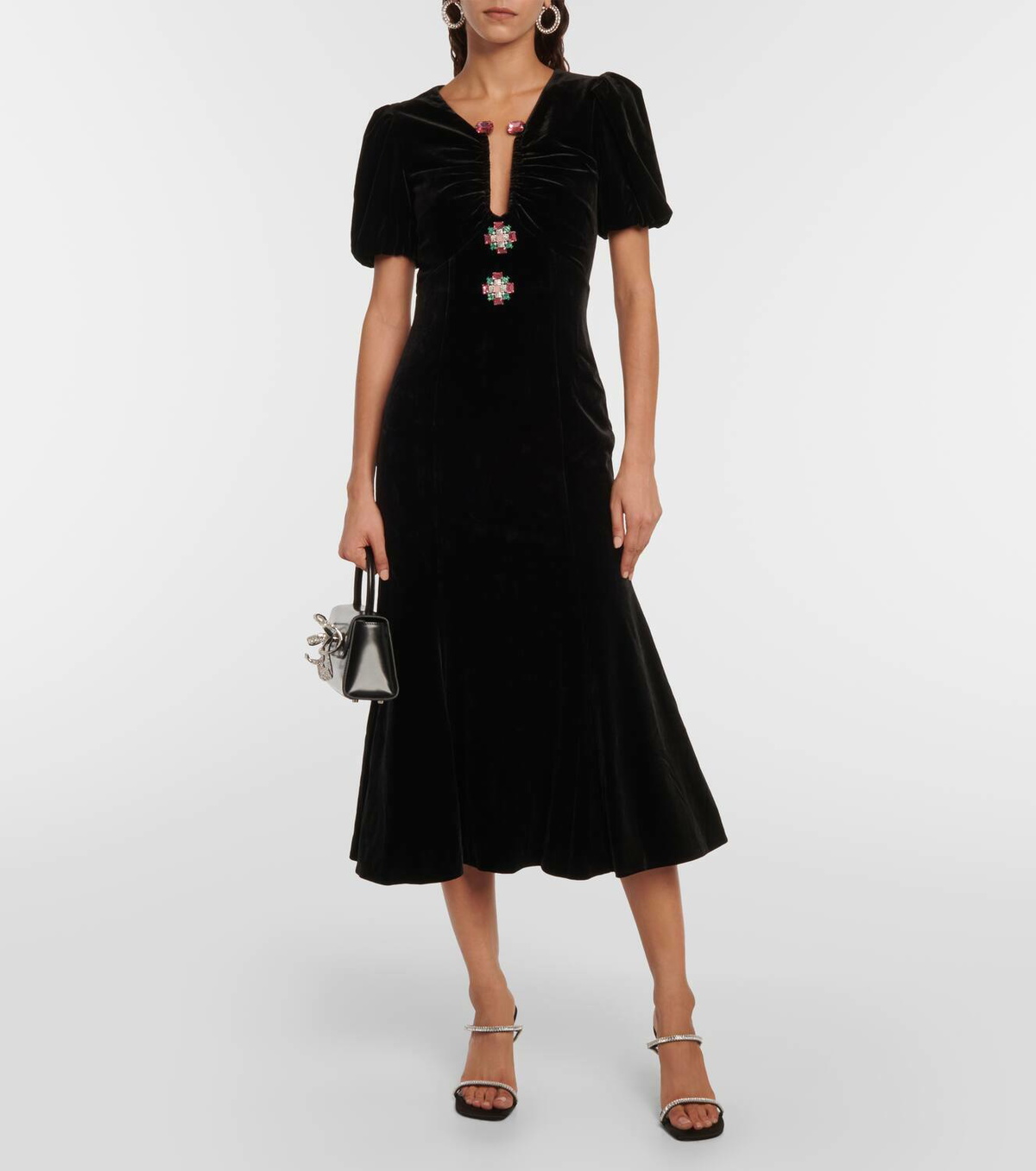 knee length dresses for ladies Black stretch velvet embellished midi dress – Daniello.com main image 0