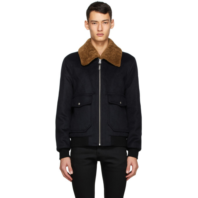 Mackage Navy Wool and Shearling Theo Bomber Jacket Mackage