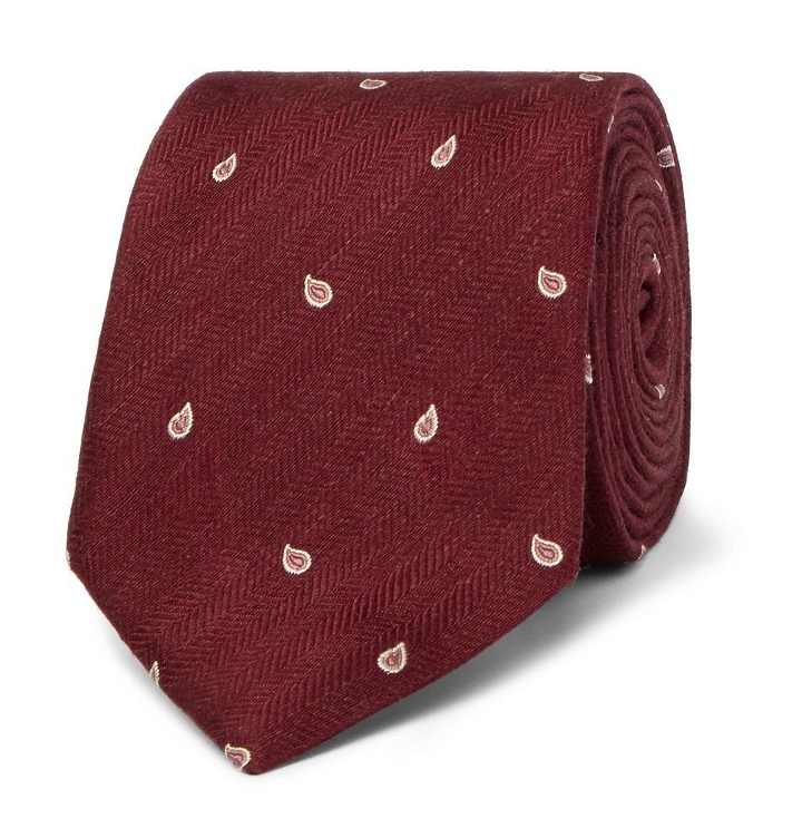 Photo: Dunhill - 7cm Paisley-Embroidered Herringbone Linen and Mulberry Silk-Blend Tie - Men - Burgundy