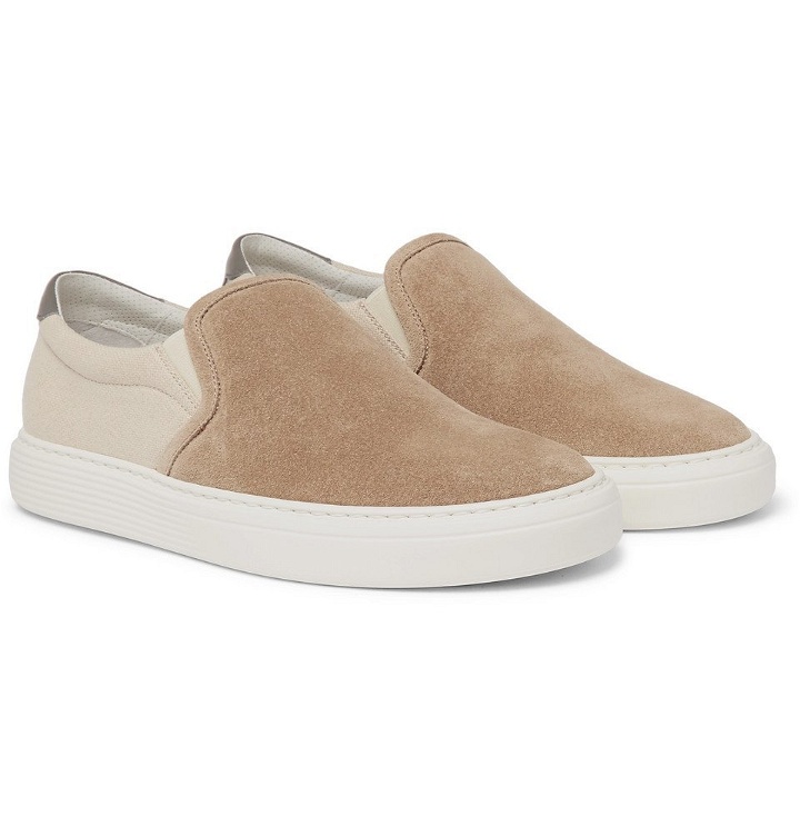 Photo: Brunello Cucinelli - Suede and Canvas Slip-On Sneakers - Men - Sand