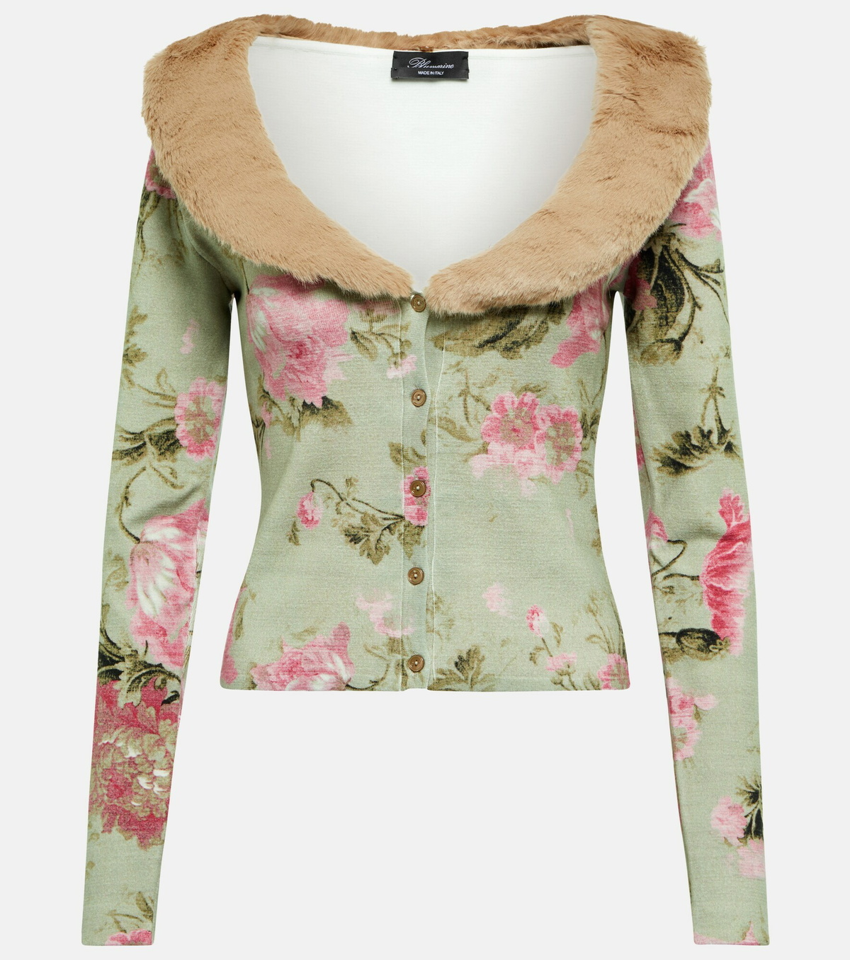 Blumarine - Faux fur-trimmed floral cardigan Blumarine