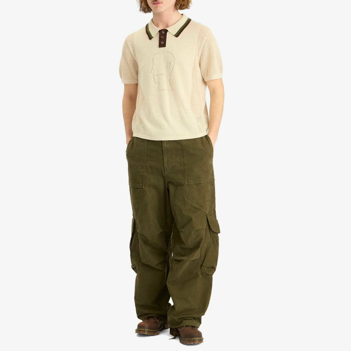 Brain Dead Men's Logo Head Knit Polo in Natural