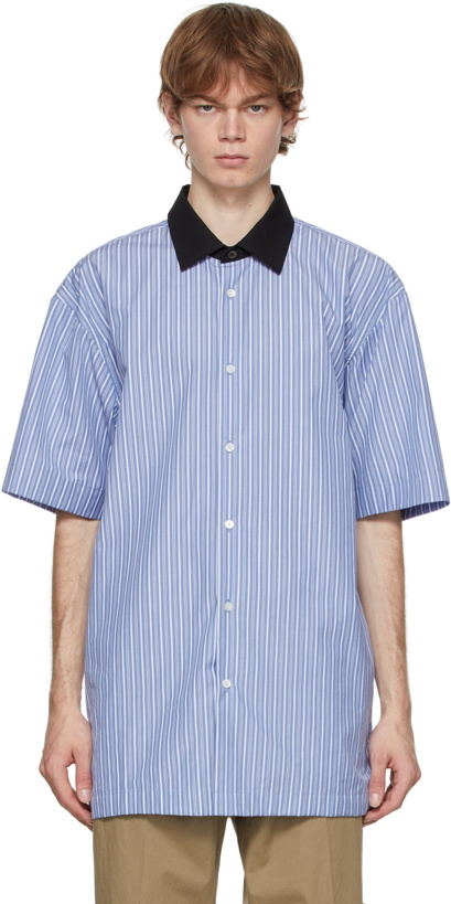 Photo: Dries Van Noten Blue Len Lye Edition Striped Graphic Short Sleeve Shirt