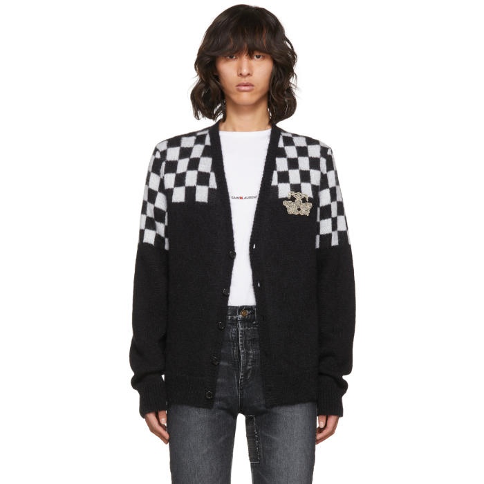 Photo: Saint Laurent Black and White Half Check Embroidered Cardigan