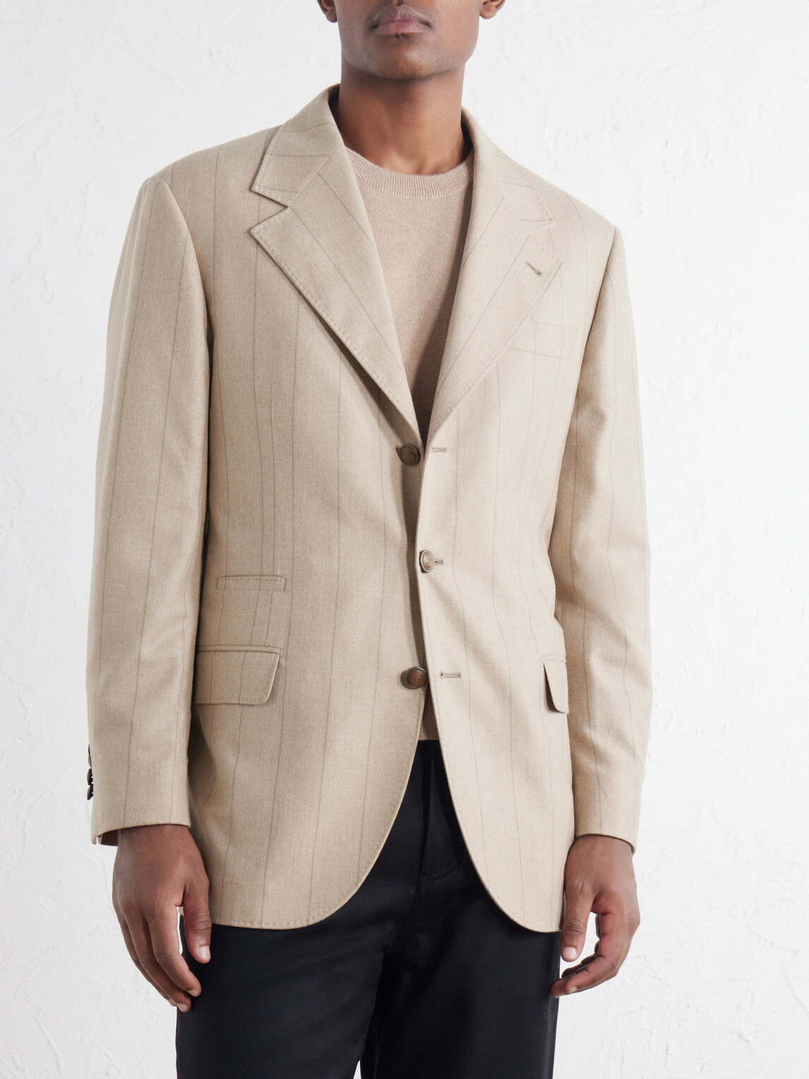 Brunello Cucinelli - Pinstripe Wool, Silk and Cashmere-Blend Flannel Suit Jacket - Brown