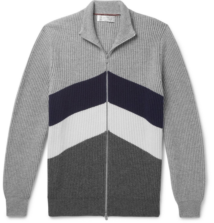 Photo: Brunello Cucinelli - Slim-Fit Chevron Ribbed Cashmere Zip-Up Cardigan - Men - Gray