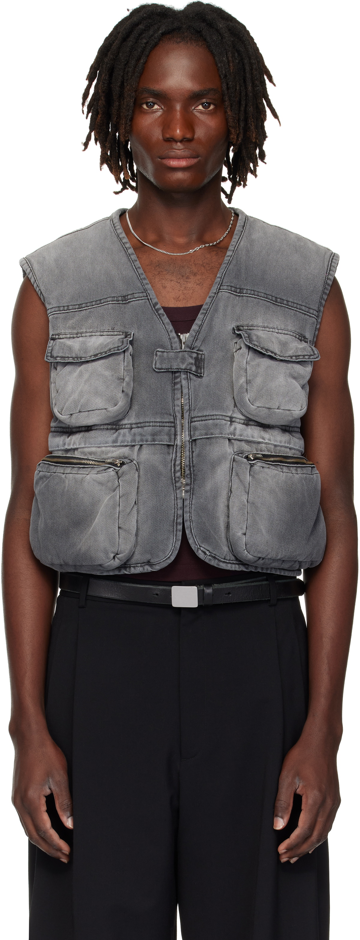 LU'U DAN Gray Wadded Denim Cargo Vest