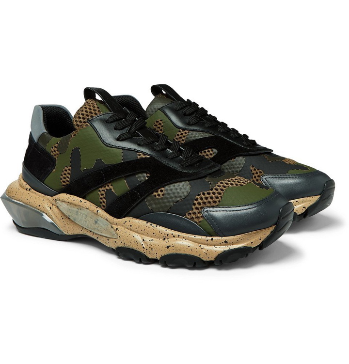 Photo: Valentino - Valentino Garavani Bounce Leather, Suede and Mesh Sneakers - Men - Army green