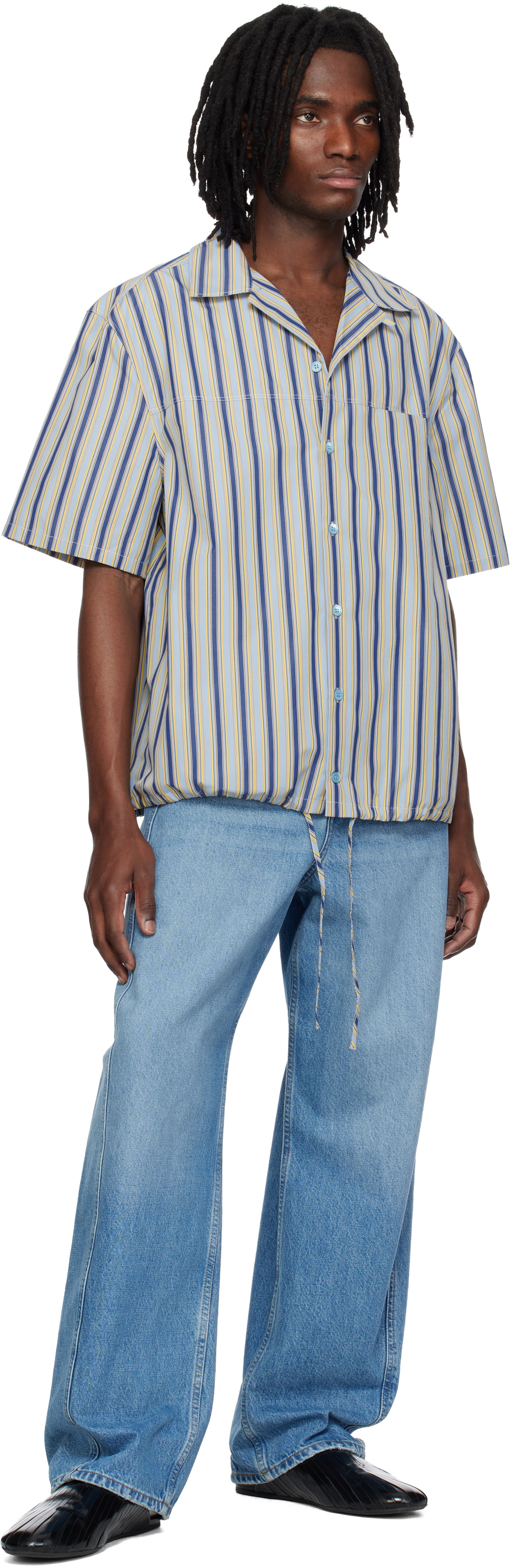 Marni Multicolor Striped Drawstring Hem Cotton Shirt