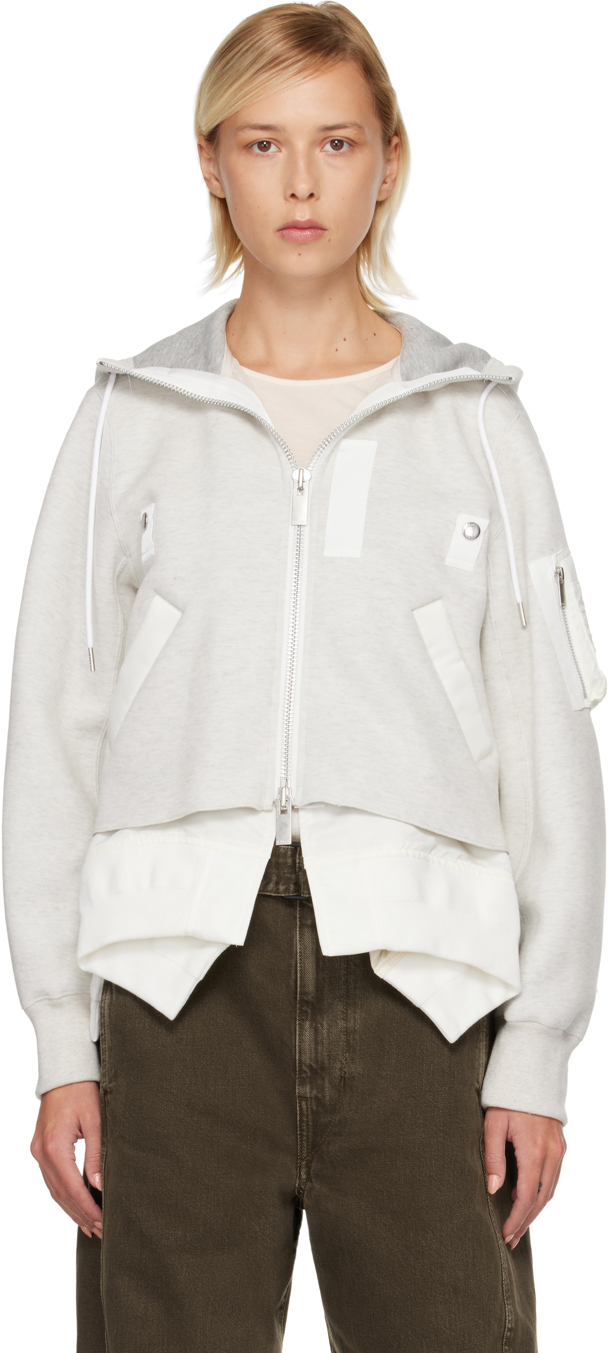 sacai Gray & White Sponge Sweat & Nylon Twill Hoodie