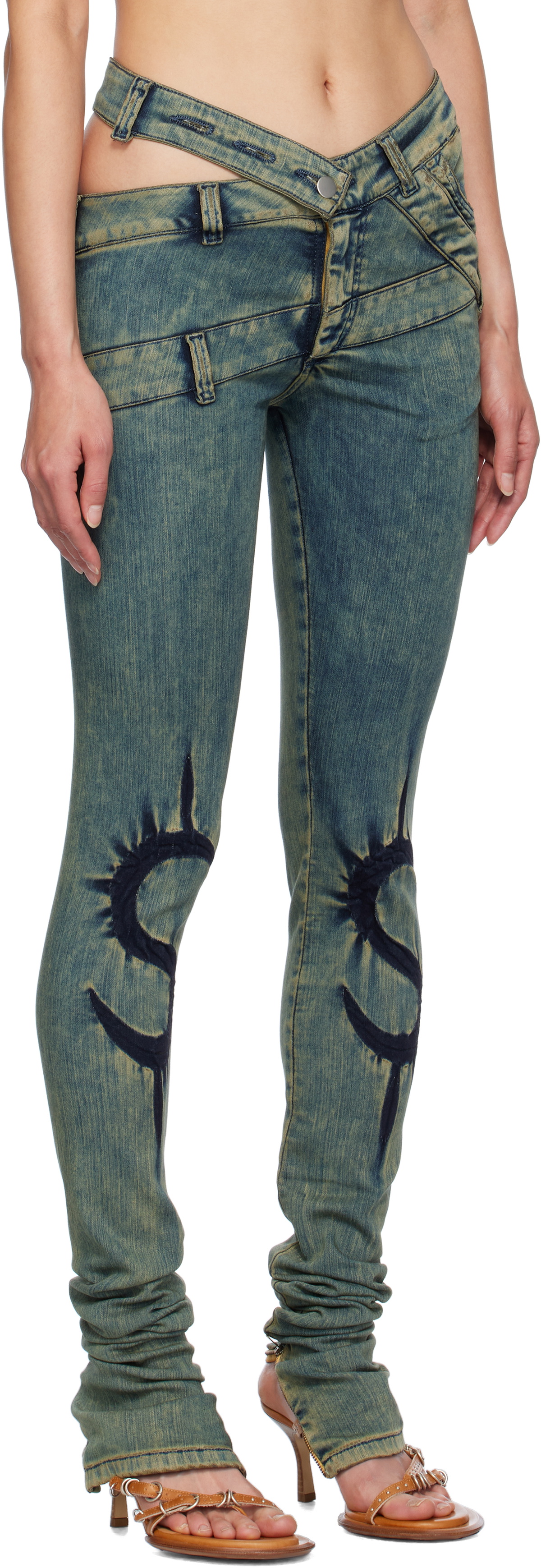 Masha Popova Blue Skinny Dollar Sign Joggins Back Zips Jeans