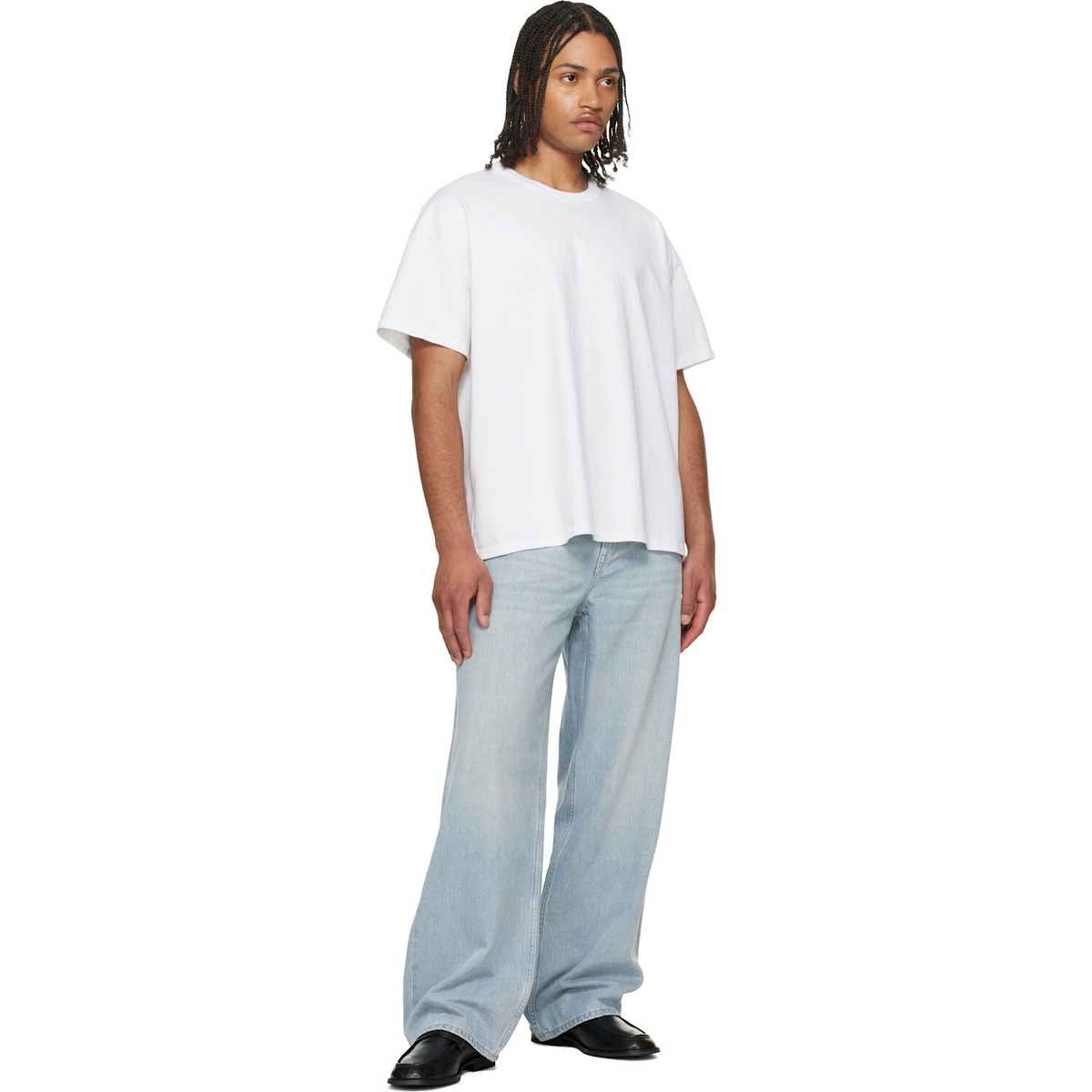 Les Tien White Lightweight Binded Neck Oversized T-shirt